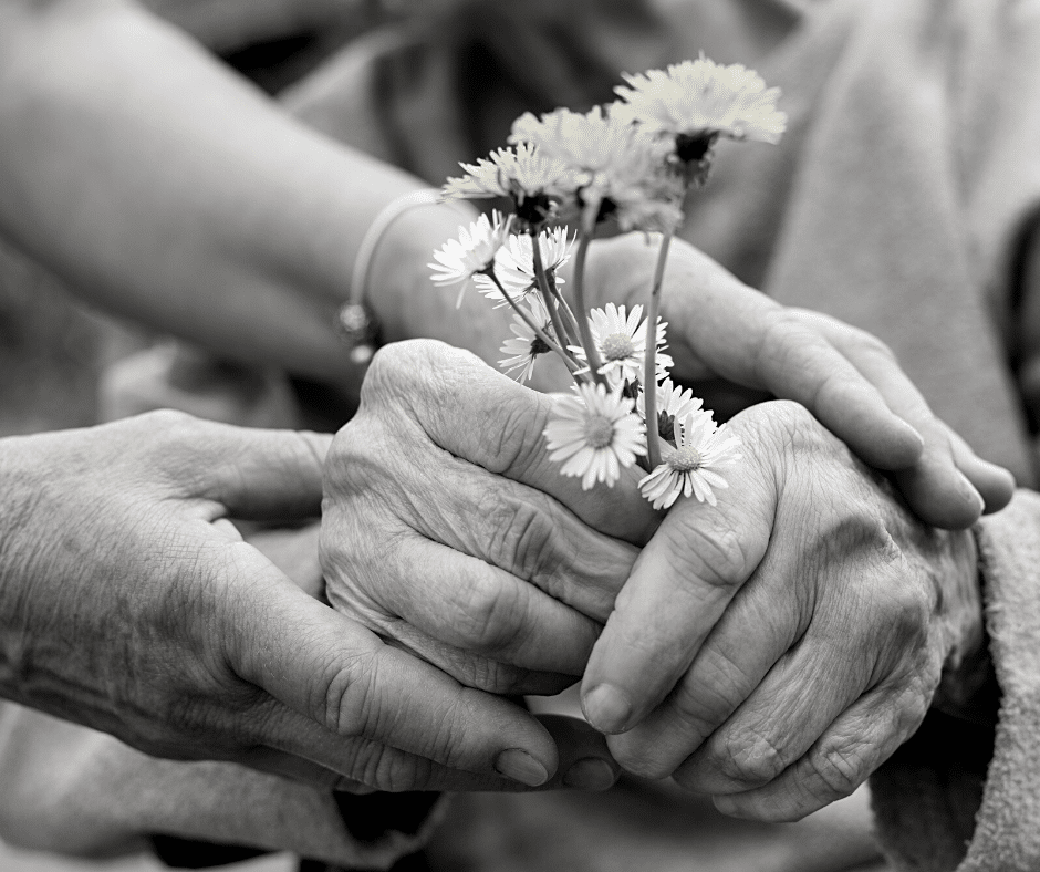 four hands holding flowers